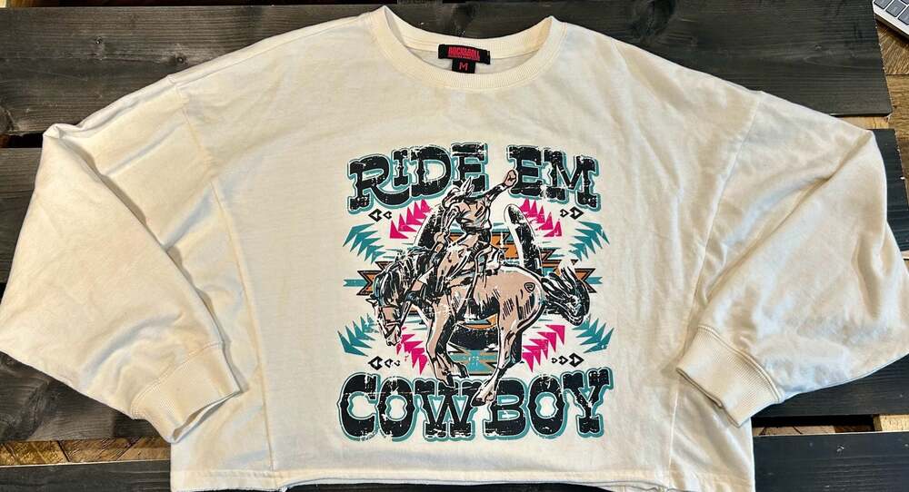 Rock & Roll Denim Ride 'Em Cowboy Boxy Pullover Sweatshirt